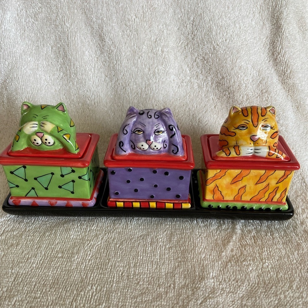 🩵 Pacific Giftware Redwine Hear See Speak No Evil Colorful Cat Trinket Box Set